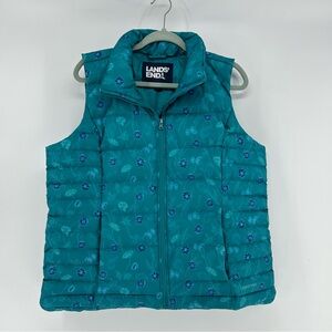 Lands End Down Puffer Vest Women's L Blue/Teal Floral Full Zip Sleeveless Jacket